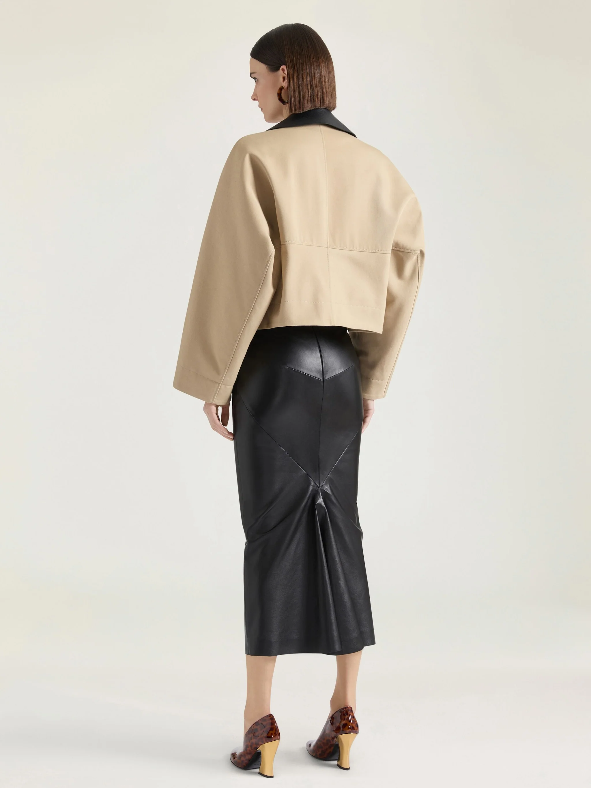 Cropped Peacoat With Leather Collar In Cotton And Wool - Image 3