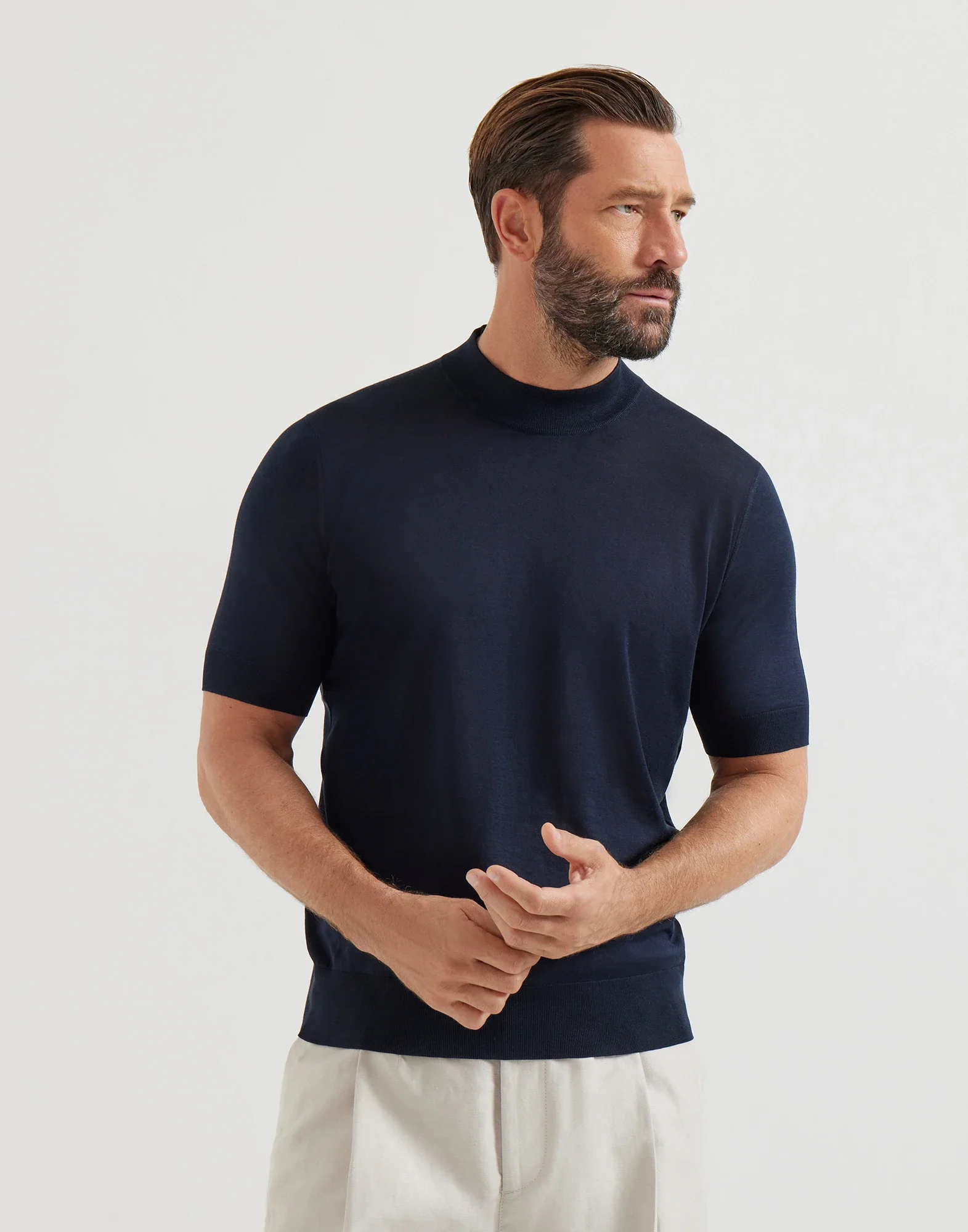 Lightweight Silk And Cotton Knit T-shirt With Mock Neck - Image 3