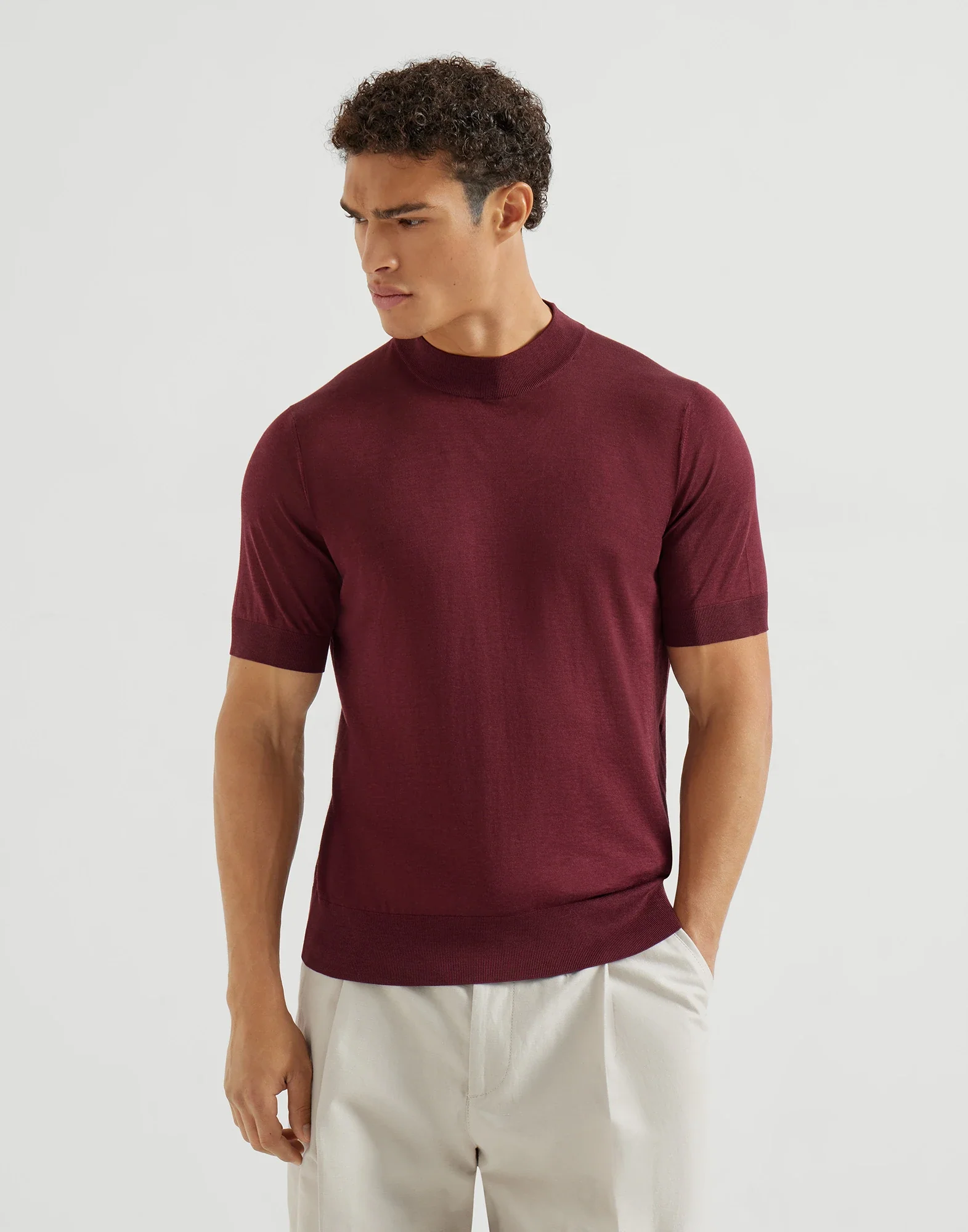 Lightweight Silk And Cotton Knit T-shirt With Mock Neck - Image 6