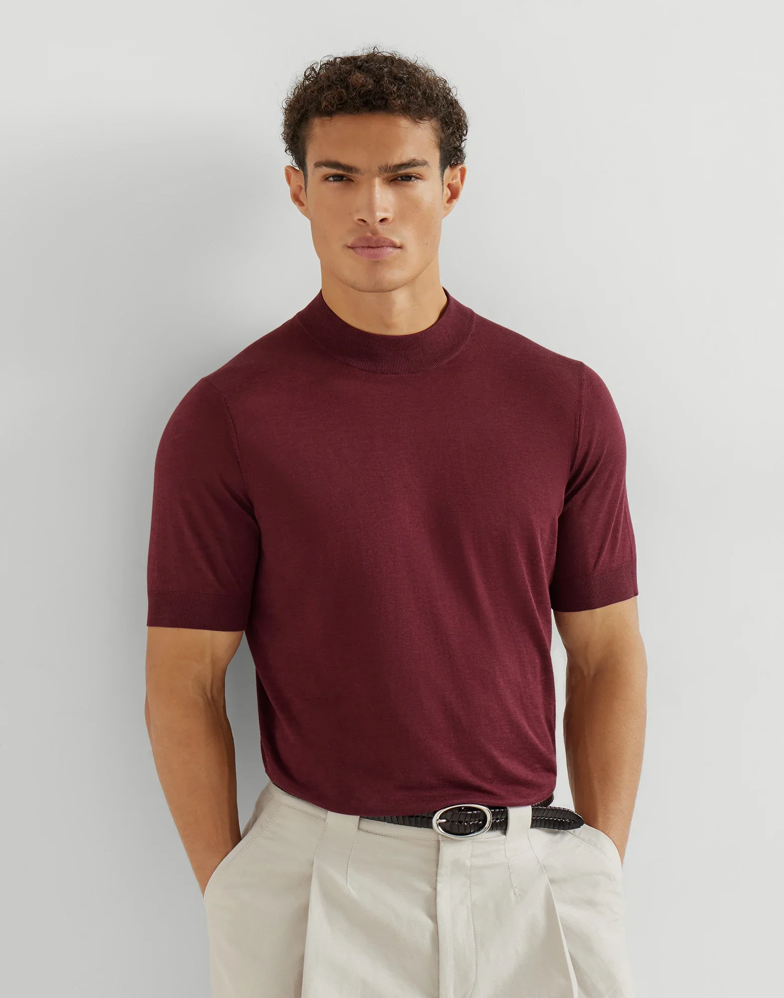 Lightweight Silk And Cotton Knit T-shirt With Mock Neck - Image 7