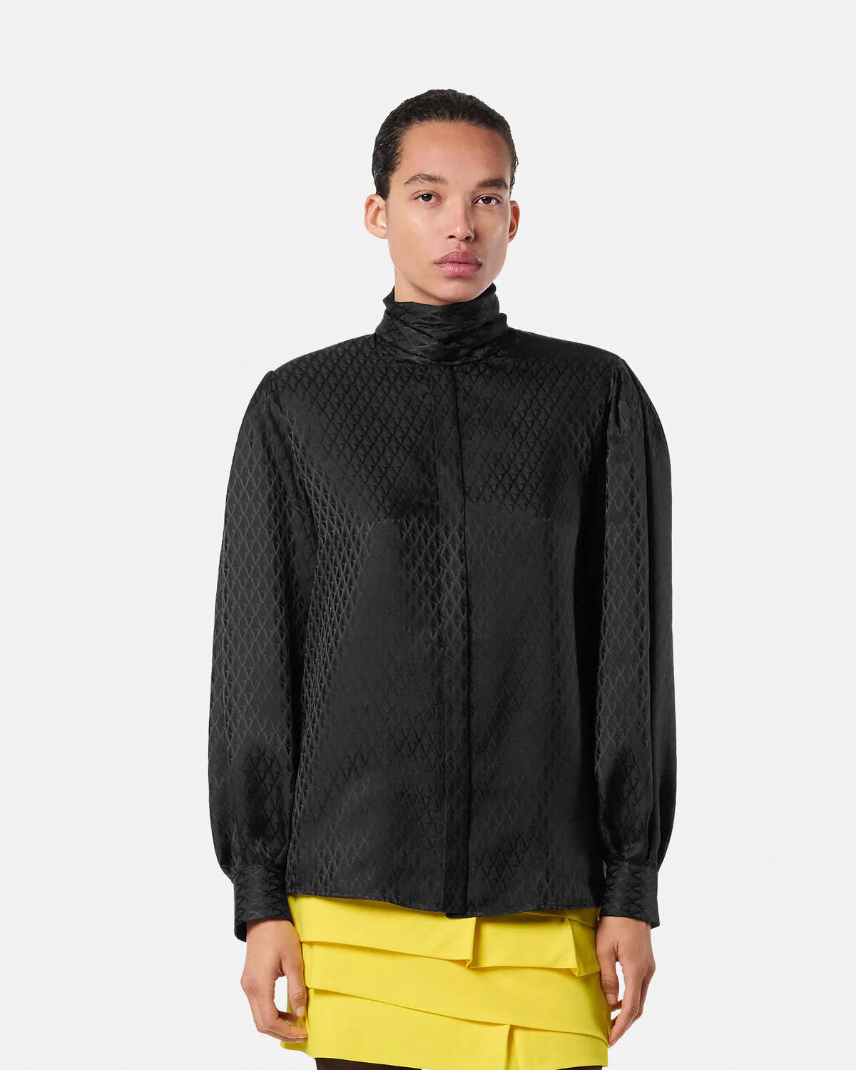 V Allover Jacquard Silk Lavallière Shirt - Image 3